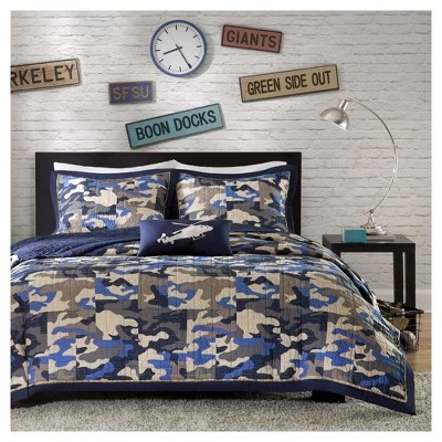 Mi Zone Liam Camouflage Print Quilted Coverlet Set - Blue 3 Mi Zone Liam Camouflage Print Quilted Coverlet Set - Blue