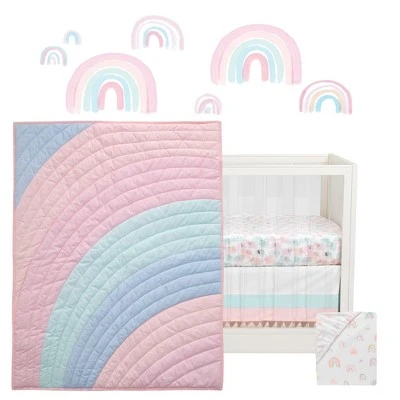 Lambs & Ivy Watercolor Pastel Pink/Mint Rainbow 5-Piece Baby Crib Bedding Set 3 Lambs & Ivy Watercolor Pastel Pink/Mint Rainbow 5-Piece Baby Crib Bedding Set