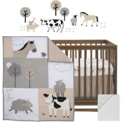 Lambs & Ivy Baby Farm Animals 5-Piece White/Taupe Baby Crib Bedding Set
