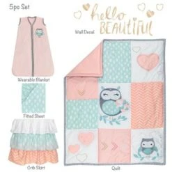 Lambs & Ivy Sweet Owl Dreams Pink Heart Nursery 5-Piece Baby Crib Bedding Set