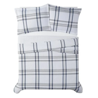 London Fog Kent Plaid Quilt Set White/blue 4 London Fog Kent Plaid Quilt Set White/blue - Image 2