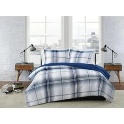 London Fog Nolan Houndstooth Stripe Quilt Set White/blue -QUILTS Sales unnamed file 3545