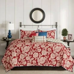 Madison Park Rose Cotton Twill Reversible Coverlet Set Red
