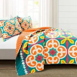 Lush Decor Boho Floral Reversible Oversized Quilt & Sham Set Turquoise/Orange - Lush Décor