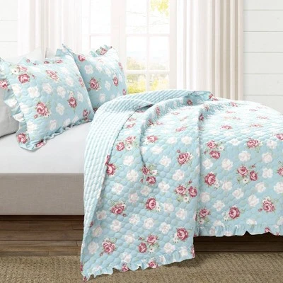 Lush Decor Cottage Floral Ruffle Reversible Oversized Quilt Set Blue/Blush - Lush Décor 3 Lush Decor Cottage Floral Ruffle Reversible Oversized Quilt Set Blue/Blush - Lush Décor