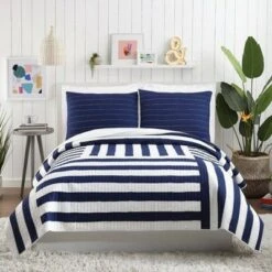 Ampersand for Makers Collective 3pc Block Stripe Quilt & Sham Set Blue