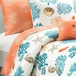 Lush Decor Coastal Reef Feather Reversible Quilt Set Blue/Coral - Lush Décor -QUILTS Sales unnamed file 817