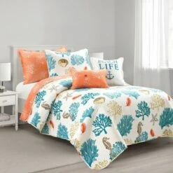 Lush Decor Coastal Reef Feather Reversible Quilt Set Blue/Coral - Lush Décor -QUILTS Sales unnamed file 822