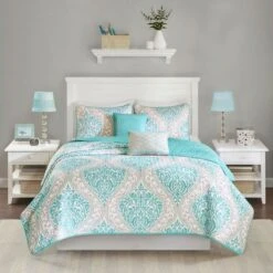Intelligent Design Chelsea Damask Quilted Coverlet Set Aqua